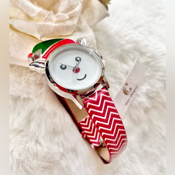 New with tags FESTIVE RED & WHITE STRIPED CAT WATCH with Green. No numbers. - Picture 3 of 5